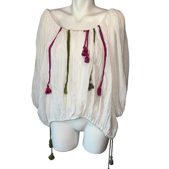 Laura De Riu White Cotton Colorful Tassel Bohemian Blouse Designer Italy Small - Picture 1 of 6